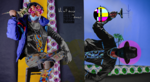 On the left a person wearing a blue covid-era mask and dressed in patches of bright patterns holds long-stemmed roses in front of their face while sitting boot to knee in front of a brightly colored and highly patterned curtain. A hand-written message says, "Who will survive in America?" On the right an abutting image is presented sideways with a figure in shadow wearing a fedora and holding long-stemmed flowers in their teeth. A TV test pattern sign says, "NO SIGNAL INPUT."